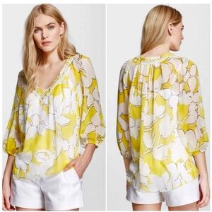 Diane von Furstenberg Yellow Silk Floral Blouse Sz S Flowy Feminine Relaxed DVF